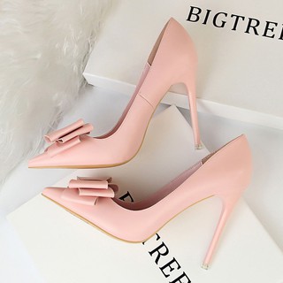 Giày cưới 2021 mới màu hồng cao có nơ nút thắt phù dâu sexy gót nhọn tất cả hợp với cạn miệng mũi chuyên nghiệp