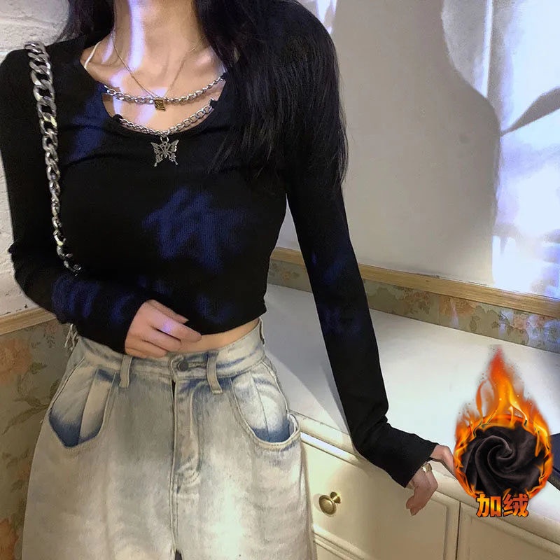 Áo Thun Lông Cừu Giữ Ấm Eo Cao Màu Đen Phối Dây Xích Phong Cách Hàn Quốc Thời Trang Cho Nữ