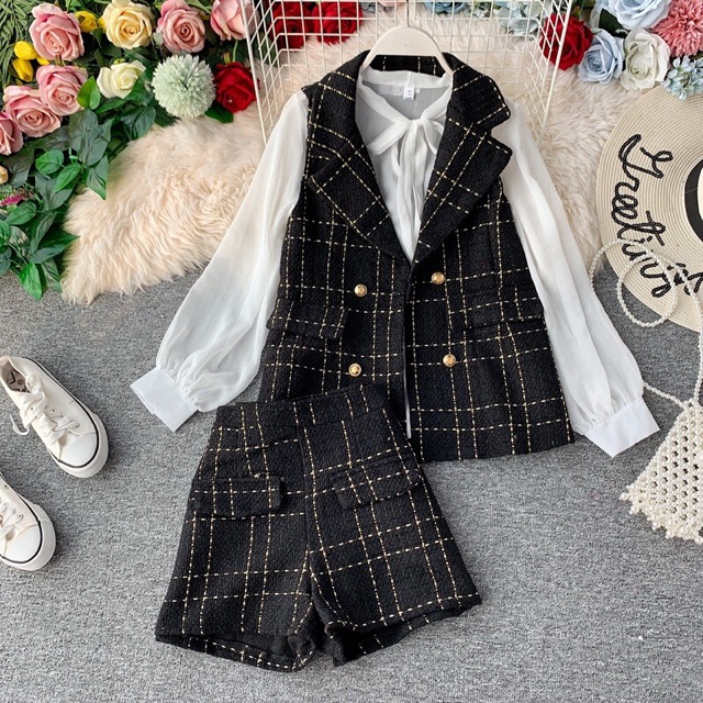 Set bộ vest áo vest gile caro +áo voan cổ thắt nơ tay phồng tay dài+quần đùi short có túi caro