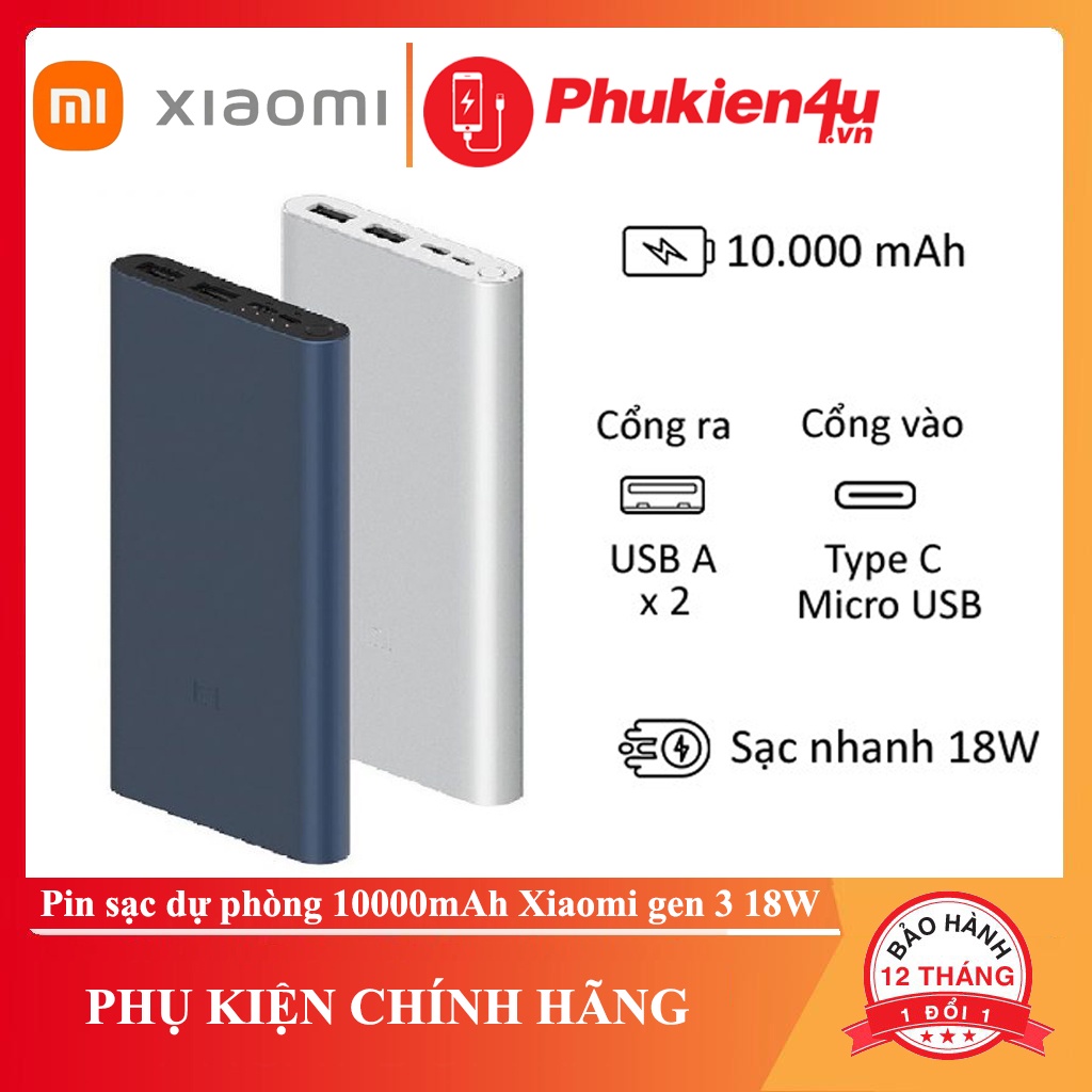 Sạc dự phòng Xiaomi Gen3 dung lượng 10000mAh – Hỗ trợ sạc nhanh 18W – Hàng chính hãng