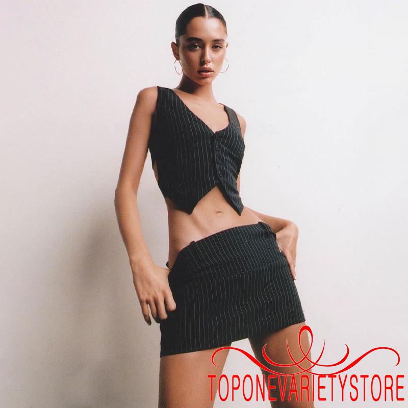 Set áo tank top cổ chữ V + chân váy chữ A màu đen kẻ sọc thời trang cho nữ