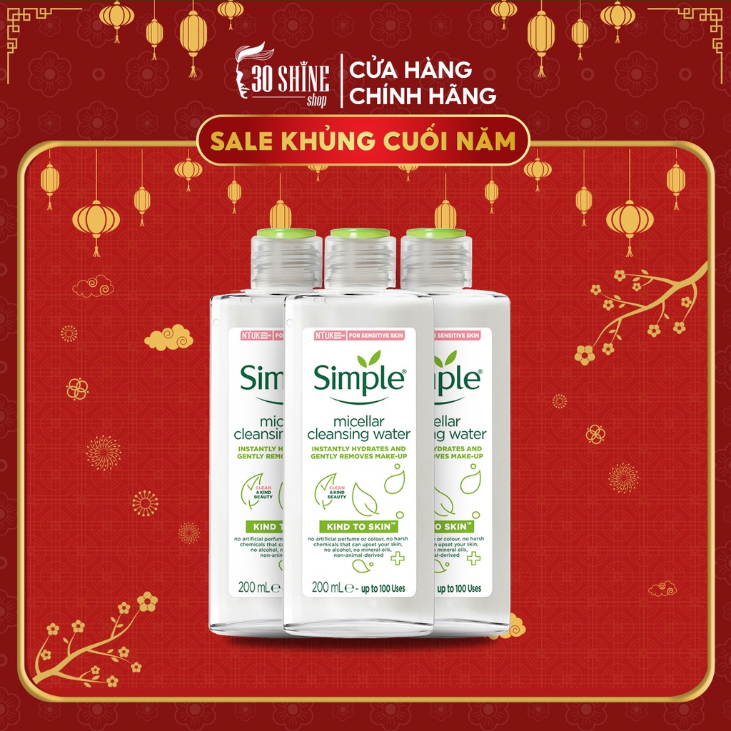 Nước tẩy trang Simple Micellar 30Shine phân phối chính hãng 200ml làm sạch vượt trội không chứa cồn gây khô rát