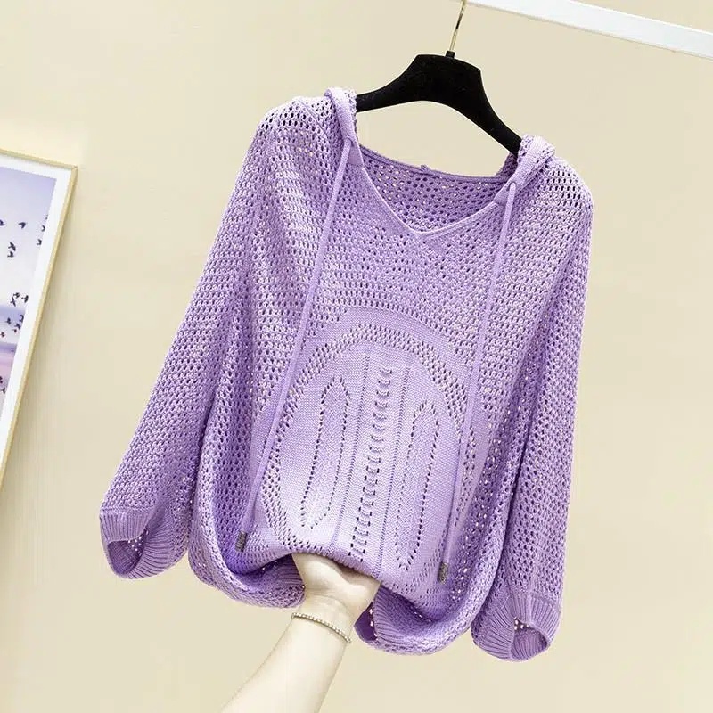 Áo Sweater Dệt Kim Mỏng Dáng Rộng Có Mũ Trùm Thời Trang Cho Nữ C9497 [40-75KG]