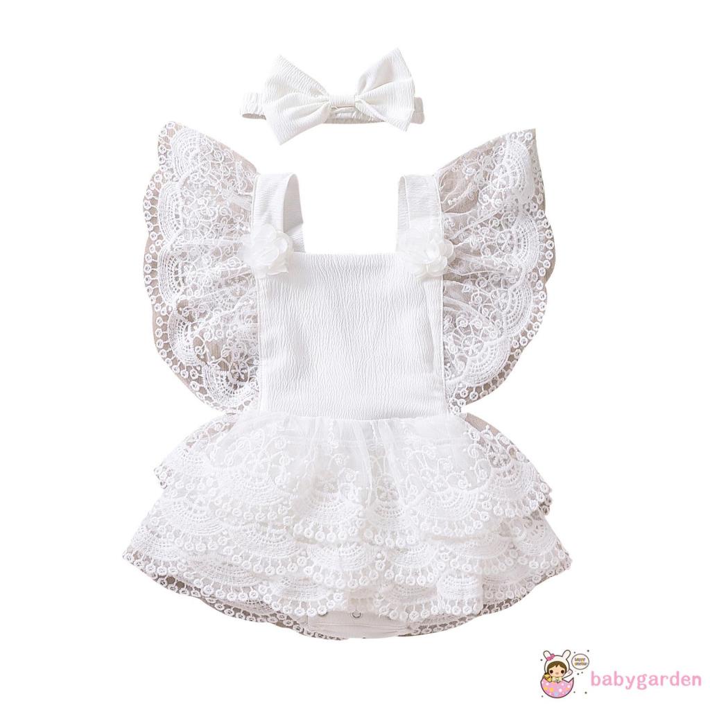 BABYGARDEN-0-24months Baby Girls Summer Lace Romper Sweet Style Flower Pattern Fly Sleeve Layered Skirt Splicing Jumpsuit + Headwear