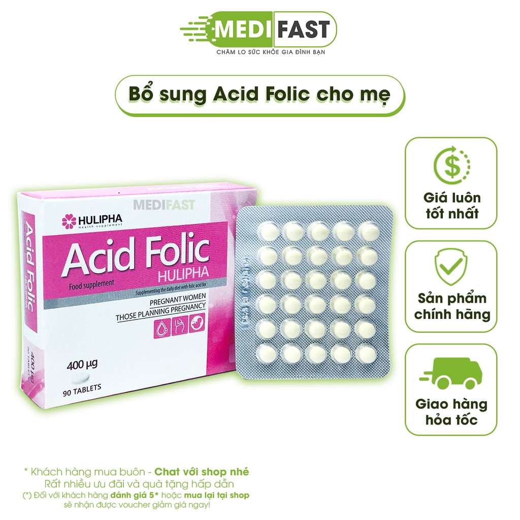 Acid Folic bổ sung cho mẹ bầu và phụ nữ chuẩn bị mang thai Hộp 90 viên, nhập khẩu từ Châu Âu Acid-folic Hulipha