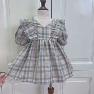 Váy đầm thiết kế vintage cho bé gái từ 3 tháng tuổi (6-32kg) chất thô đũi mềm mịn mát kẻ care xanh bèo ngực