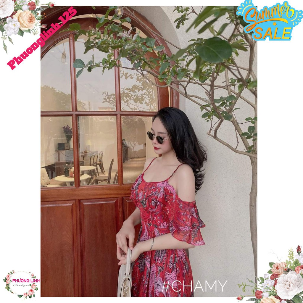 VÁY HOA ĐỎ 2S TRỄ VAI BÈO CHO NỮ | BigBuy360 - bigbuy360.vn