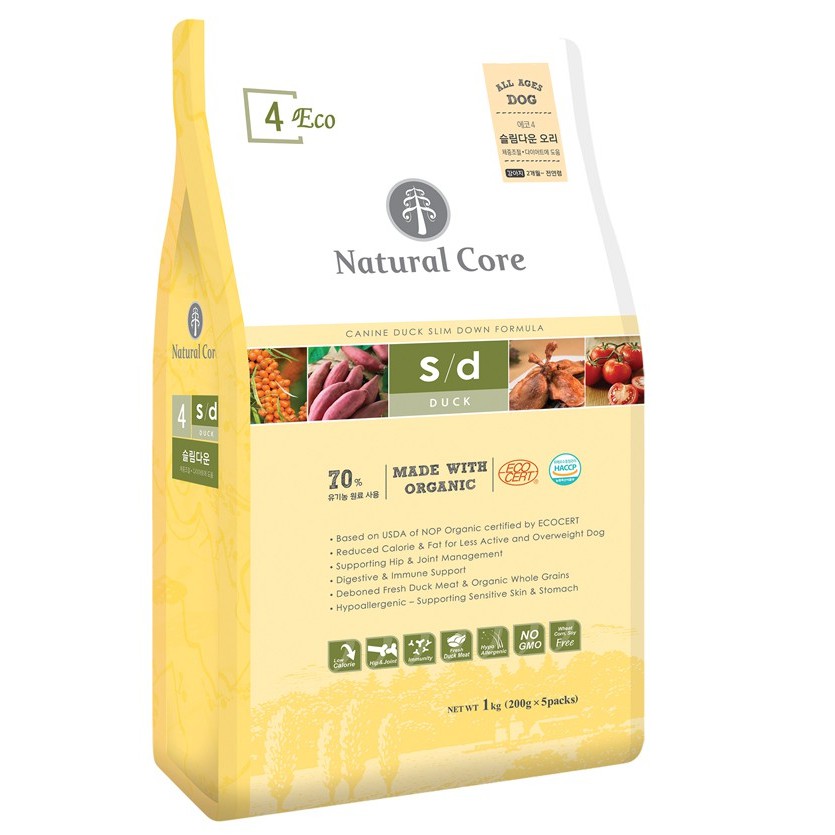 1kg THỨC ĂN HỮU CƠ NATURAL CORE CHO CHÓ GIẢM CÂN duy trì vóc dáng cho chó Natural Core thịt vịt được chế biến.