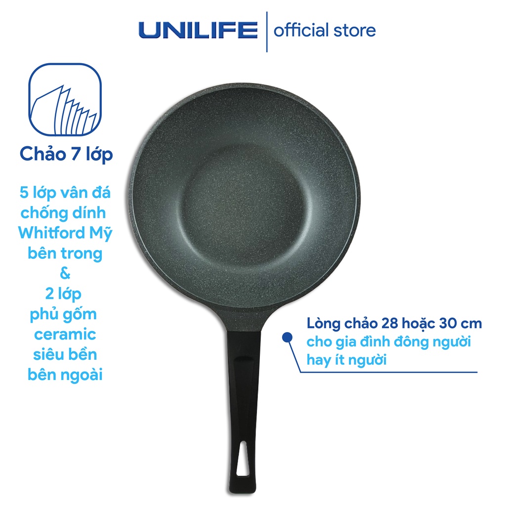Chảo chống dính vân đá Unilife cao cấp, chảo sâu 7 lớp nấu ăn các món chiên rán xào