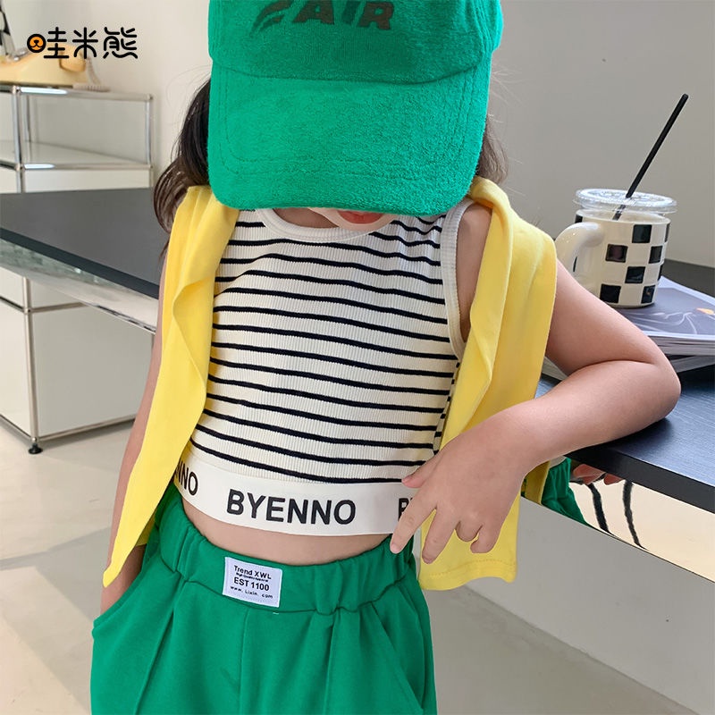 Set Áo Thun Ngắn Tay Và Quần Short Họa Tiết Kẻ Sọc Phong Cách Hàn Quốc Thời Trang Mùa Hè Cho Bé Gái