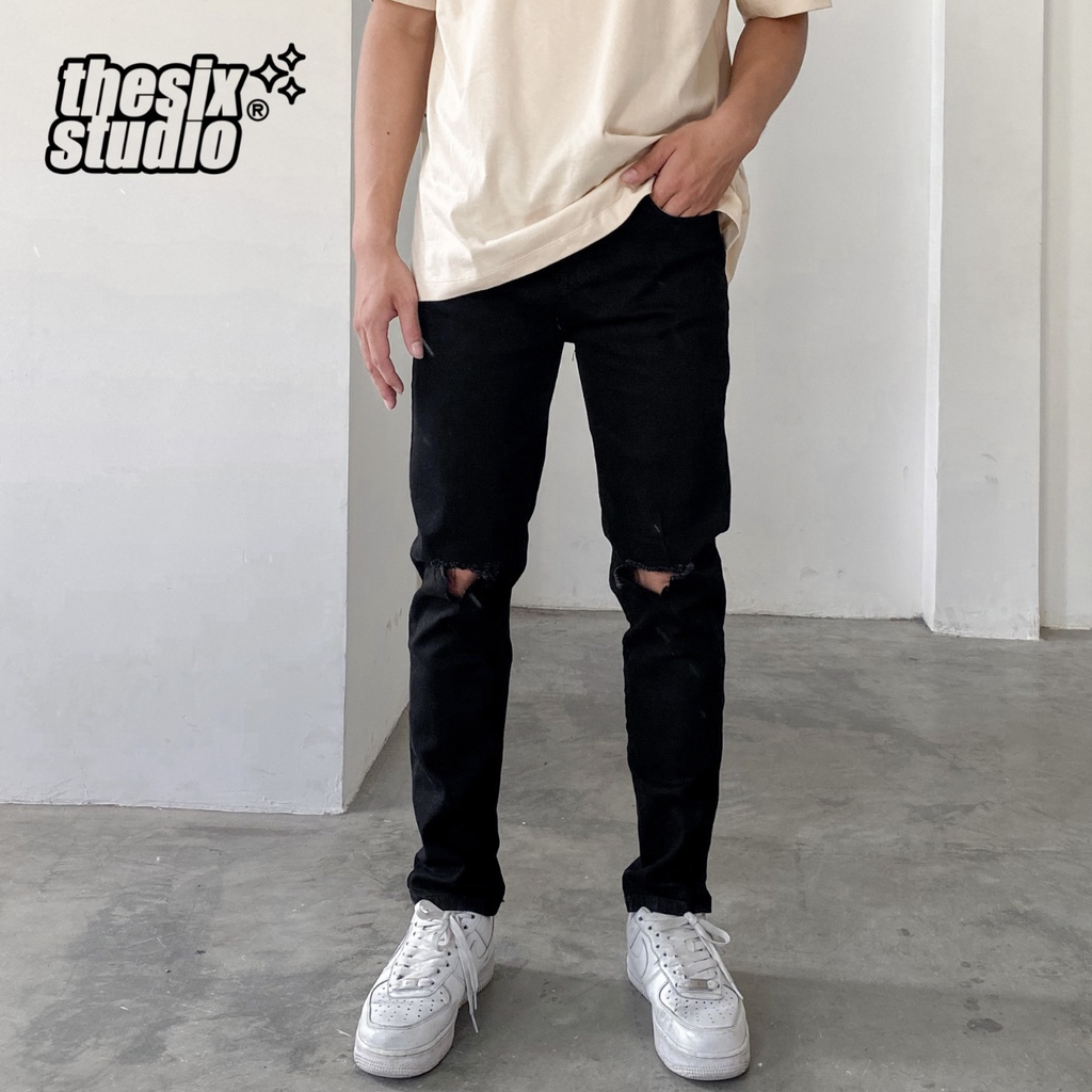 Quần jean đen nam trơn và rách gối Quần jean nam slimfit Jean co giãn cao cấp THESIX.stw