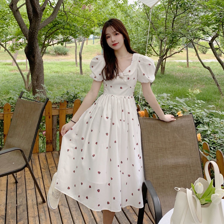 Đầm Chữ A Tay Ngắn Phồng Cổ Chữ V Ngọt Ngào Phong Cách Nhật Bản Thời Trang Mùa Hè Mới