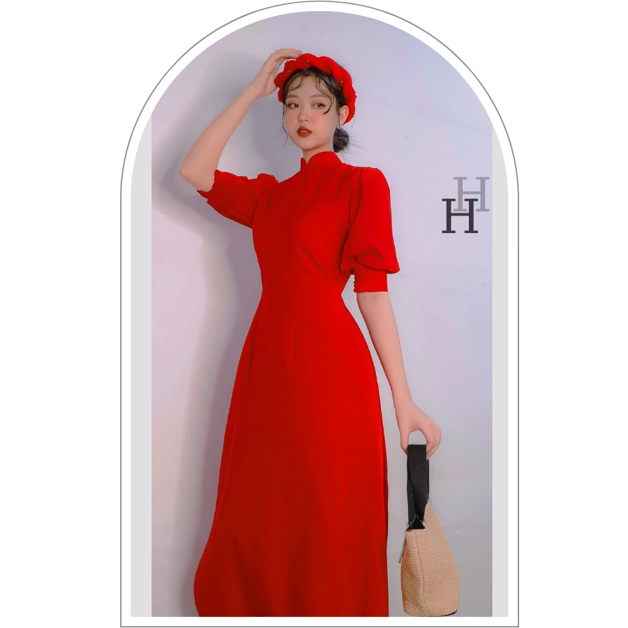 Set bộ áo Dài đỏ truyền thống tay phồng &amp; mấn đính hạt HS116 Hỉn Hỉn Store