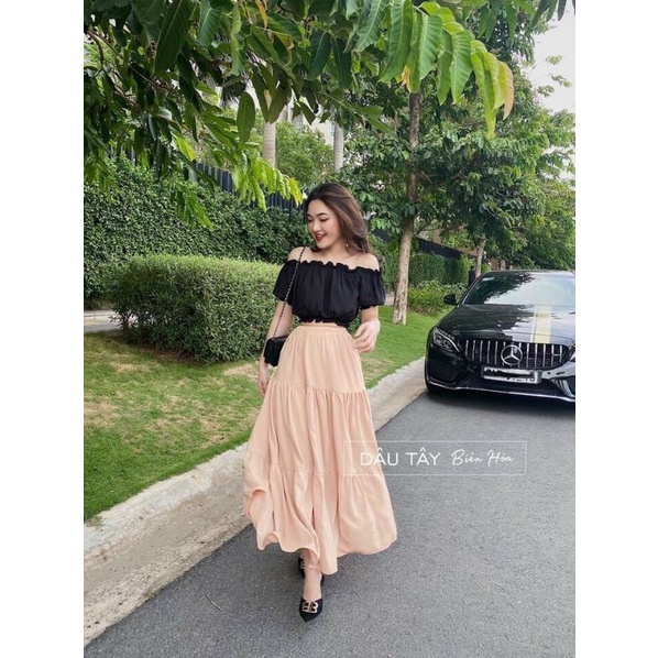 Set áo bẹt vai chân váy maxi
