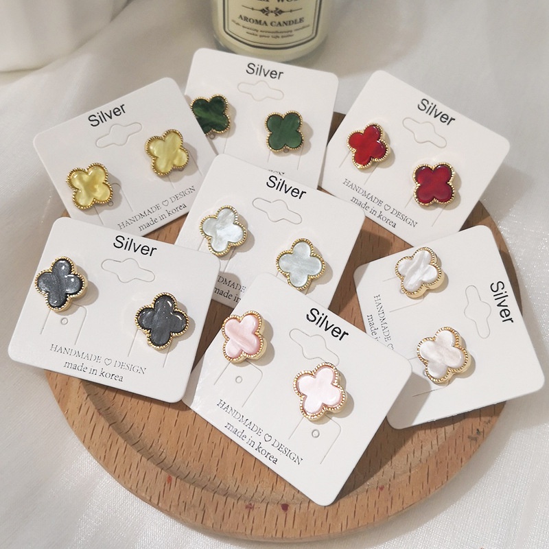 BESFOME mạ vàng 18k thời trang cổ điển s925 bạc bốn lá bông tai hoa tai trang sức đinh tán cho phụ nữ