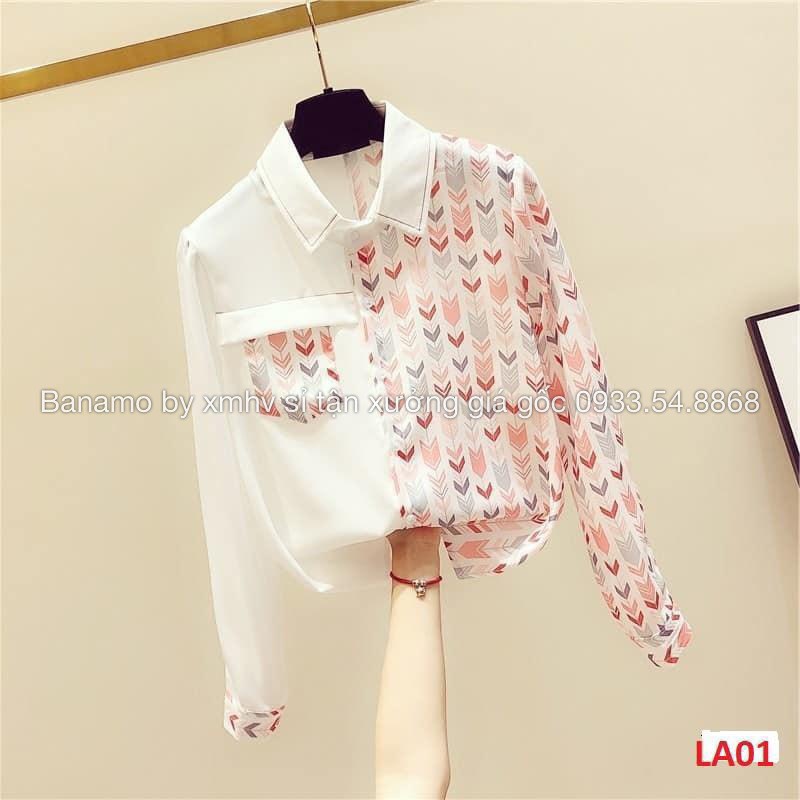 Áo sơ mi lụa nữ dài tay họa tiết sành điệu cá tính trẻ trung phong cách hàn quốc thời trang Banamo Fashion 375