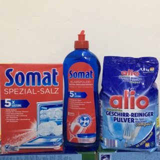 Combo bột rửa bát alio+ Muối rửa bát Somat + nước kafm bóng Domat 750 ml