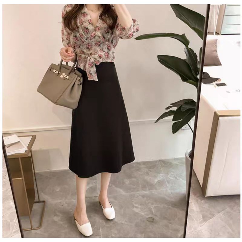 chân váy midi vintage 2lớp trơn basic ảnh thật