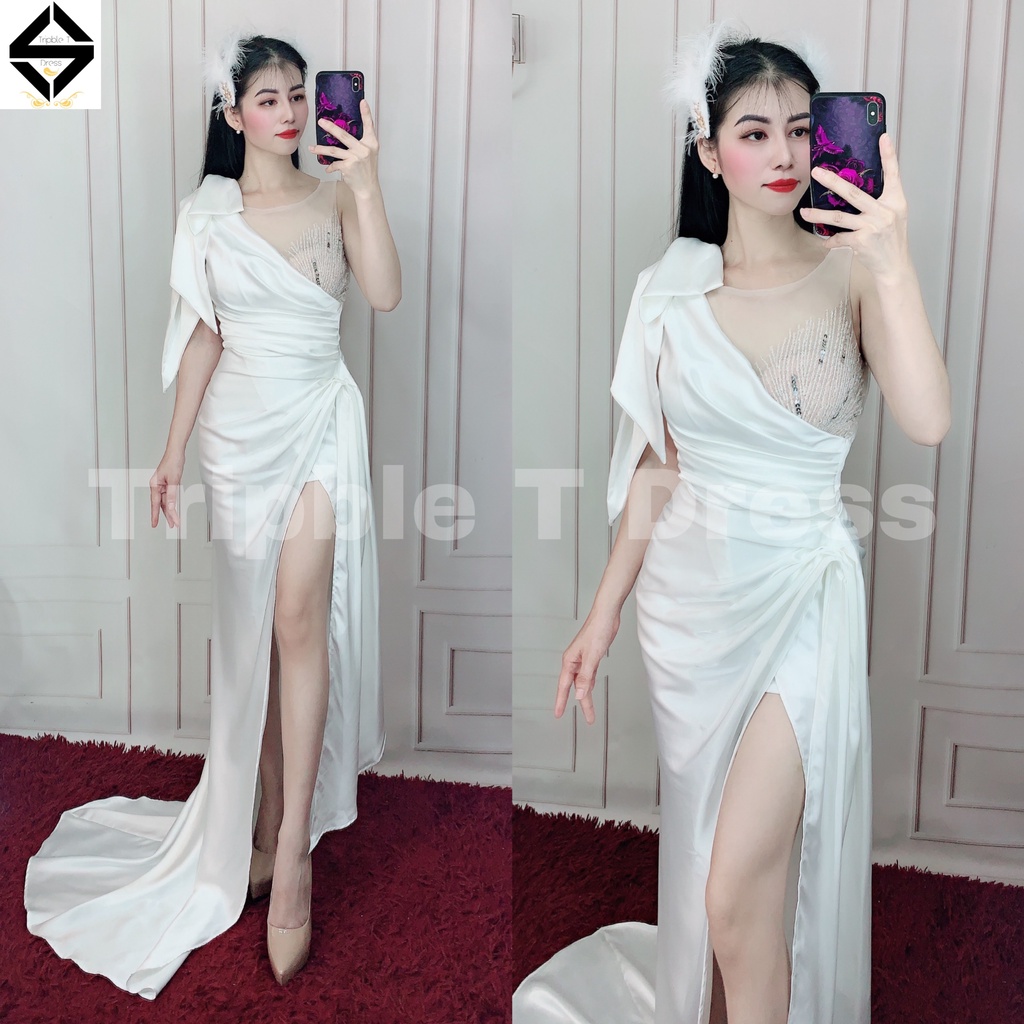 Đầm maxi body dạ hội TRIPBLE T DRESS 1 vai nơ kết cườm ngực - size S/M/L - MS236Y