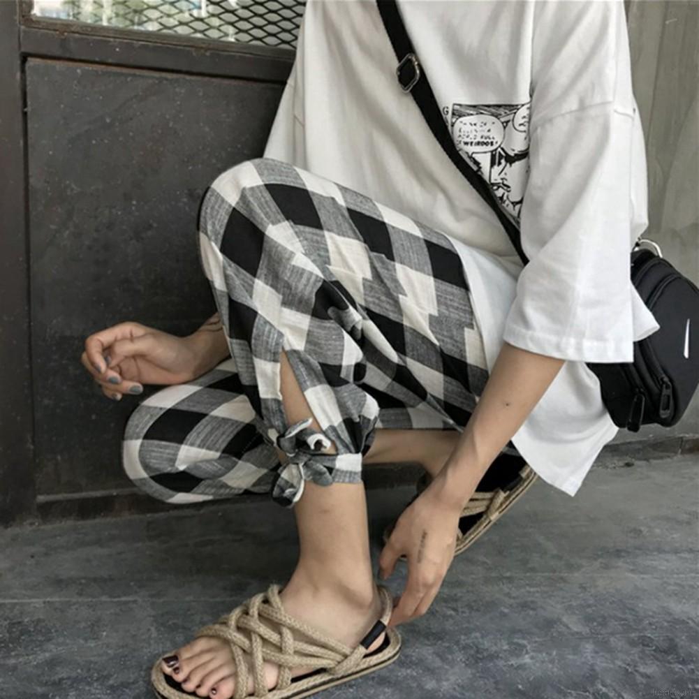 Set áo thun cổ tròn tay ngắn in họa tiết hoạt hình + quần dài caro thời trang cho nữ | BigBuy360 - bigbuy360.vn