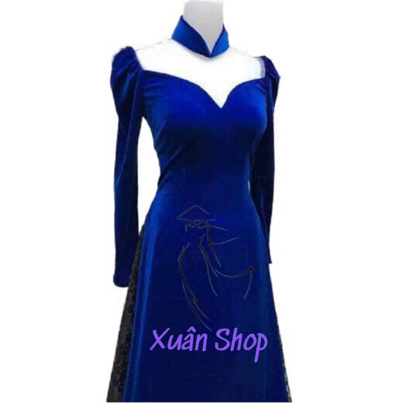 Áo dài nhung truyền thống trơn tay phồng may sẵn