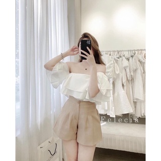 [Ảnh Shop Tự Chụp] Set Áo Bẹt Vai Tầng + Short Kaki Nude