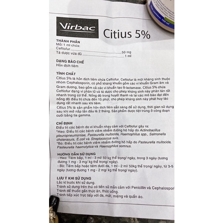 1 lọ Citius 5% 100ml Dùng cho chó heo trâu bò ngựa