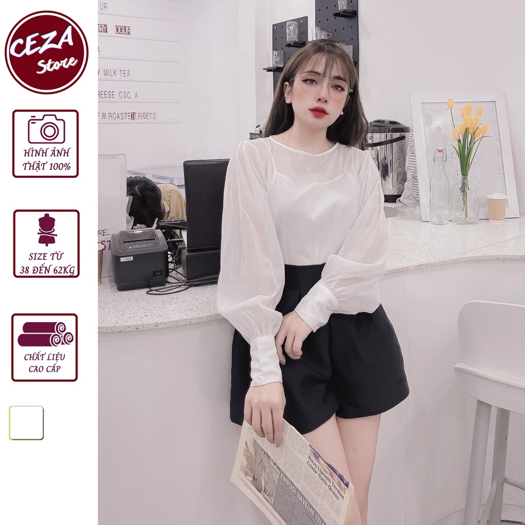Áo sơ mi nữ,áo sơ mi trắng cổ thuyền tay bồng chất liệu tơ xước cao cấp thanh lịch,trẻ trung,lớp lót 2 dây kín đáo Ceza