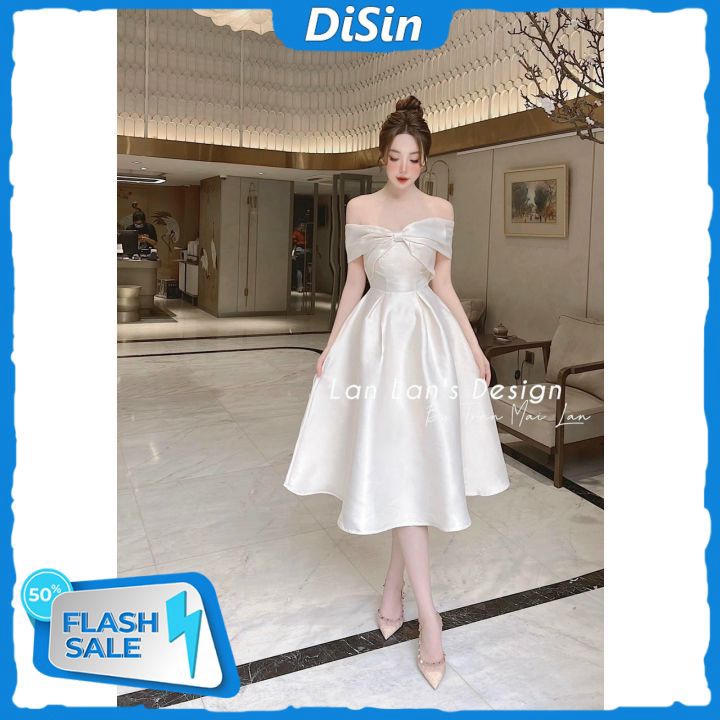 Đầm Tapta Nơ Kiểu Trễ Vai Dáng Xòe Mẫu Trơn Thích Hợp Dự Tiệc Đi Chơi