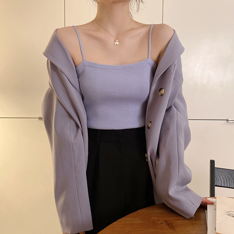 51917 Phong Cách Cơ Bản Áo Yếm Dệt Kim Màu Trơn Đơn Giản