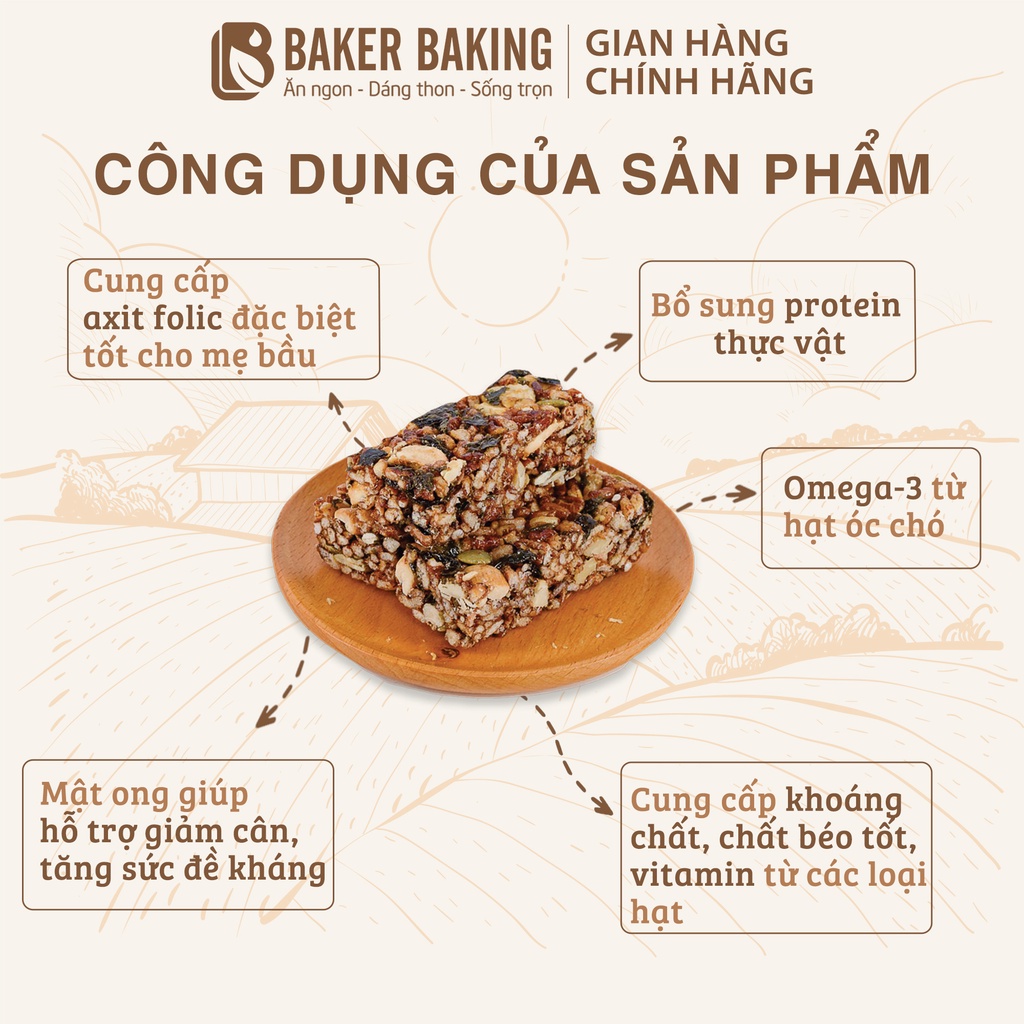 Thanh gạo lứt rong biển Baker Baking không đường, thanh ngũ cốc 70% hạt, 30% gạo lứt tiện lợi cho người ăn kiêng