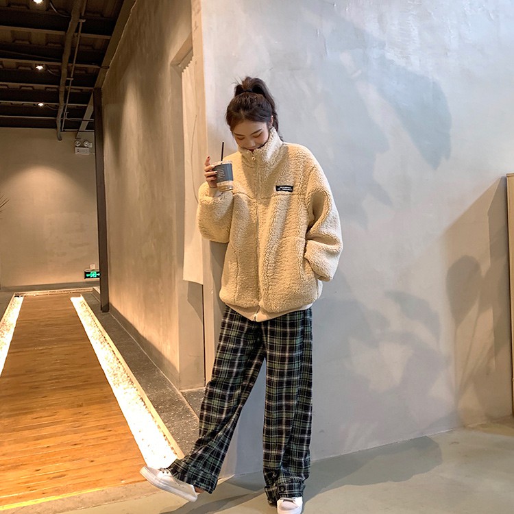 Áo Khoác nữ form rộng, áo khoác lông cừu Ulzzang nữ cổ đứng màu be | BigBuy360 - bigbuy360.vn
