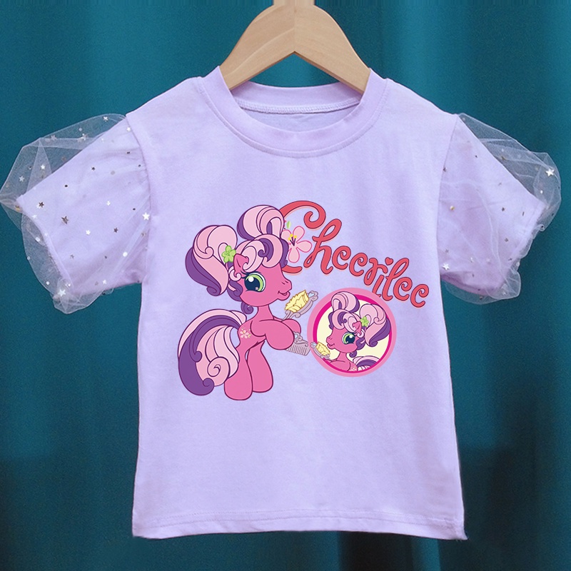Áo Thun Tay Phồng 100% Cotton Thoáng Khí In Họa Tiết Ngựa Hoạt Hình Cho Bé Gái