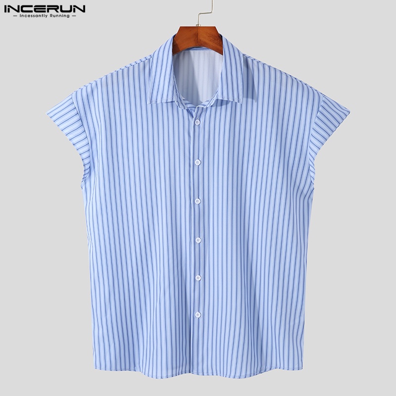 Áo sơ mi INCERUN cổ bẻ tay ngắn dáng rộng họa tiết kẻ sọc thời trang mùa hè cho nam
