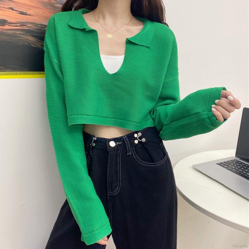 Áo Croptop Dệt Kim Tay Dài Thiết Kế Cổ Chữ V Màu Trơn Thanh Lịch