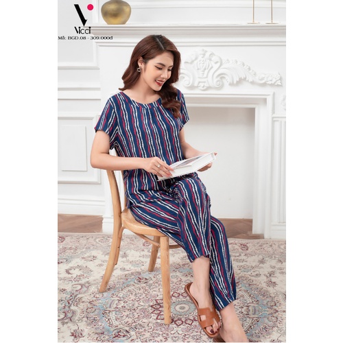 Bộ đồ mặc nhà trung niên lanh nhung Vicci áo cộc, quần dài BGD.08 nhiều họa tiết