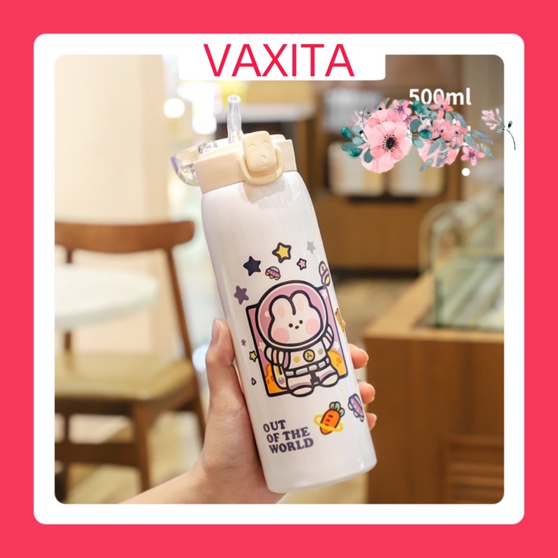 Bình giữ nhiệt Inox 304 500ml cute mini có ống hút Bình nước giữ nhiệt BGN01