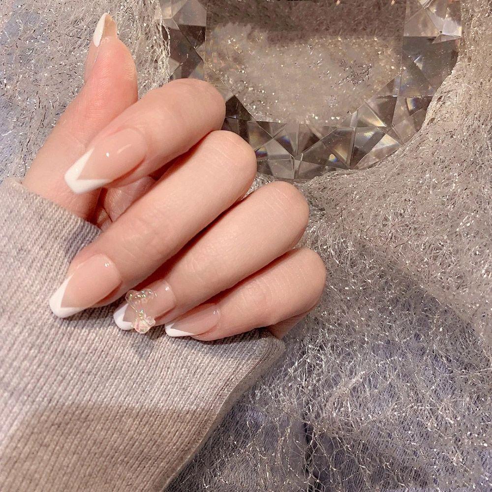 MIHAN1 Bộ 24 Móng Tay Giả Che Phủ Toàn Diện Đính Nơ Bướm Xinh Xắn