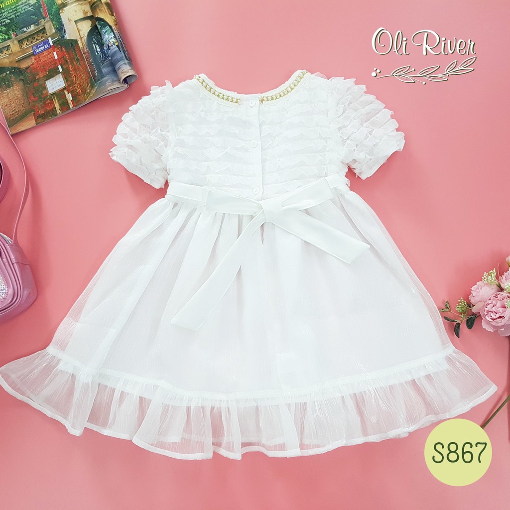 Váy bé gái Oli River màu trắng chất vải mềm nhẹ size từ 2-8 tuổi