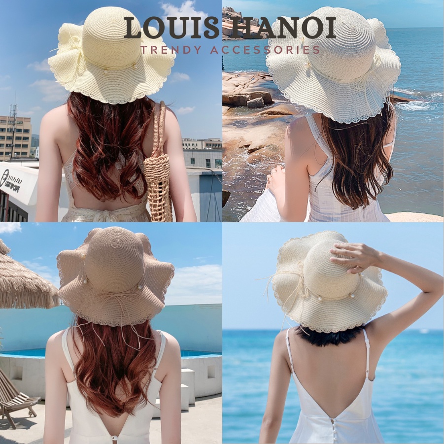 Mũ Nón Cói Vành Sóng Nơ Dây Phối Hạt Ngọc Louis Hanoi - Kèm Hộp Giữ Form dáng chuẩn 100%