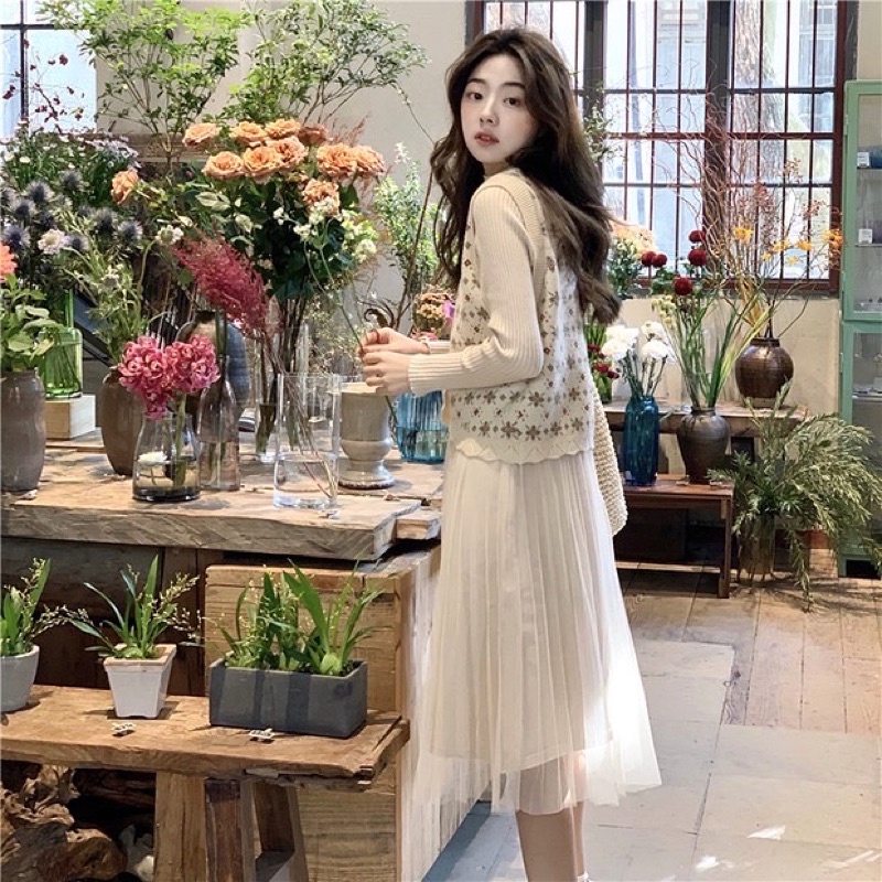 Set váy len phối gile len Hàn Quốc