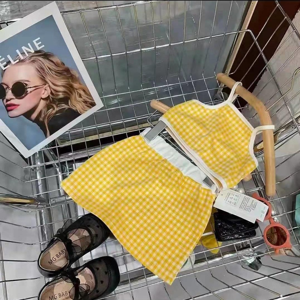 Set Áo Sát Nách Kẻ Sọc Caro + Chân Váy Thời Trang Hè Hàn Quốc Mới 2023 Cho Bé Gái