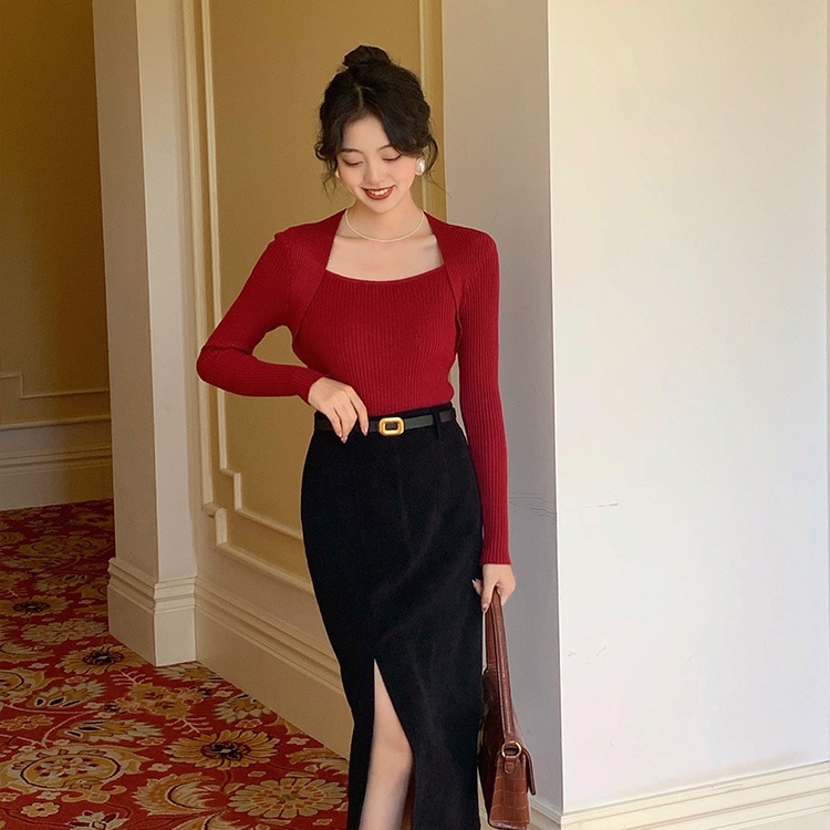 SUXI Áo Sweater Dệt Kim Cổ Vuông Màu Sắc Cổ Điển Thời Trang Mùa Thu Cho Nữ