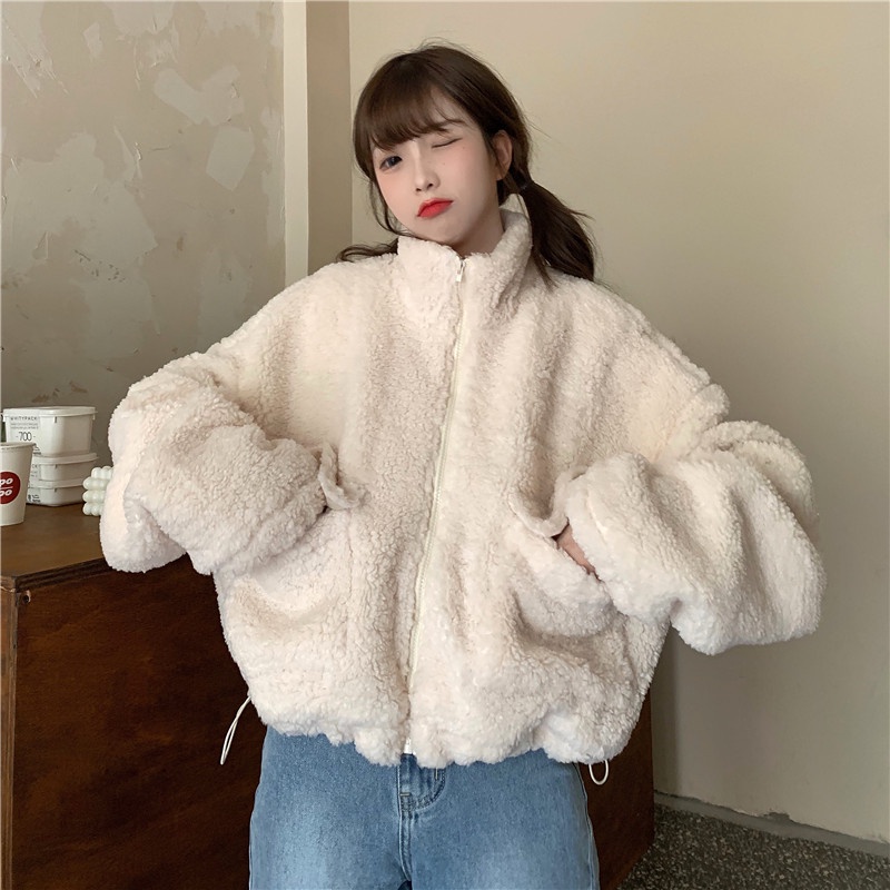 Áo khoác ngắn nỉ lông xù bông cao cổ túi vuông Hàn Quốc unisex nam nữ đáng yêu siêu mềm mịn ấm áp hip hop