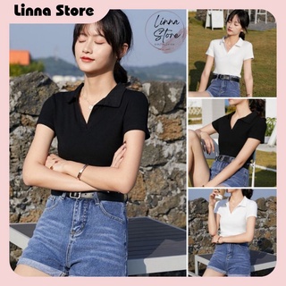 Áo croptop polo cổ V, áo nữ thun cổ bẻ chất borip gân 2 màu xinh xắn, form crt