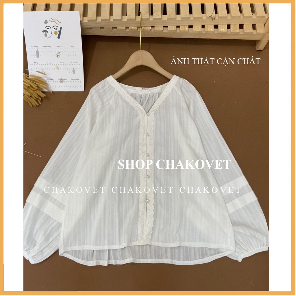 Áo sơ mi nữ dài tay form rộng CKA871, áo kiểu nữ đẹp cổ V tay bồng dáng babydoll cúc ngọc viền ren mặc đi làm đi học | BigBuy360 - bigbuy360.vn