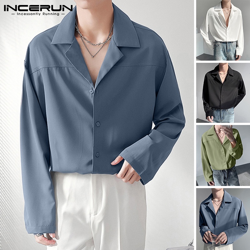 Áo sơ mi INCERUN cổ bẻ dài tay phong cách Hàn Quốc 4 màu tùy chọn thời trang cho nam