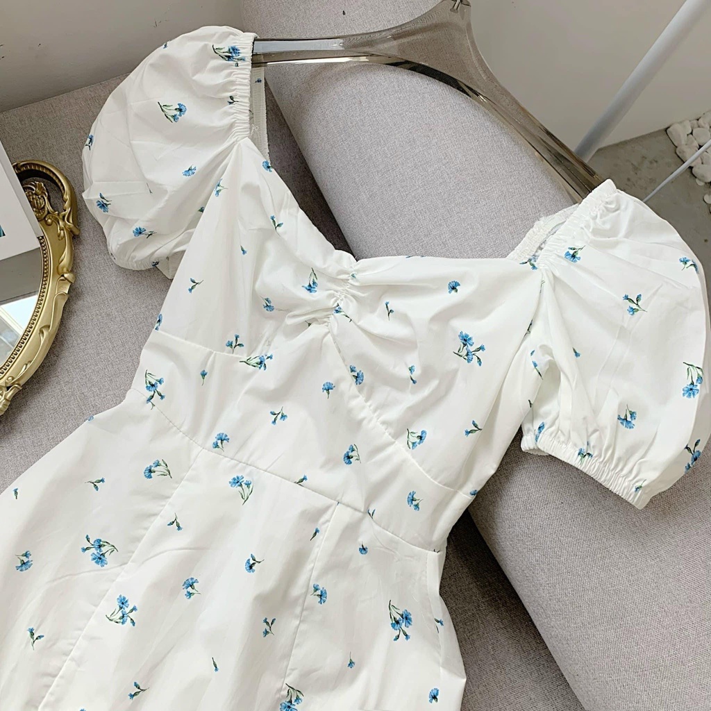 Đầm hoa nhí xanh xẻ tà dáng dài 2 lớp thiếu nữ mùa hè kiểu Pháp, Váy hoa nhí ulzzang siêu xinh Kozoda D64