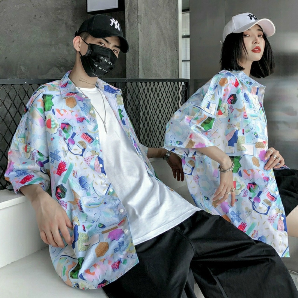 Áo sơ mi tay lỡ nam nữ form rộng Họa Tiết KHối Unisex