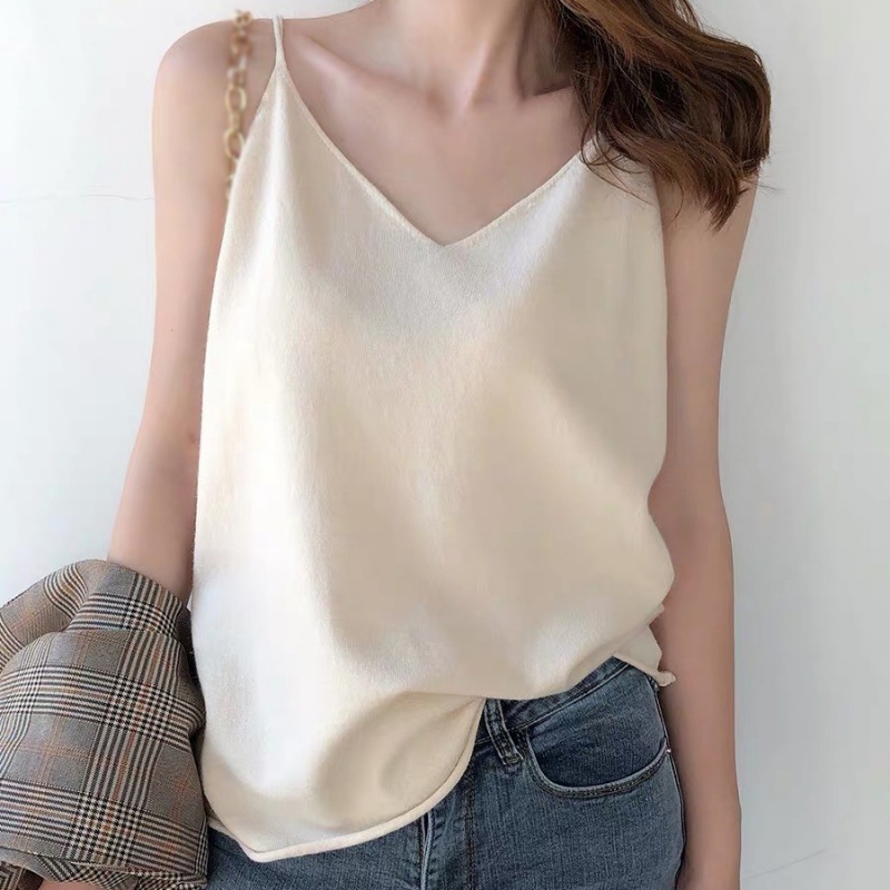 Áo dệt kim sát nách cổ chữ V dáng rộng màu sắc đơn giản phong cách Hàn Quốc